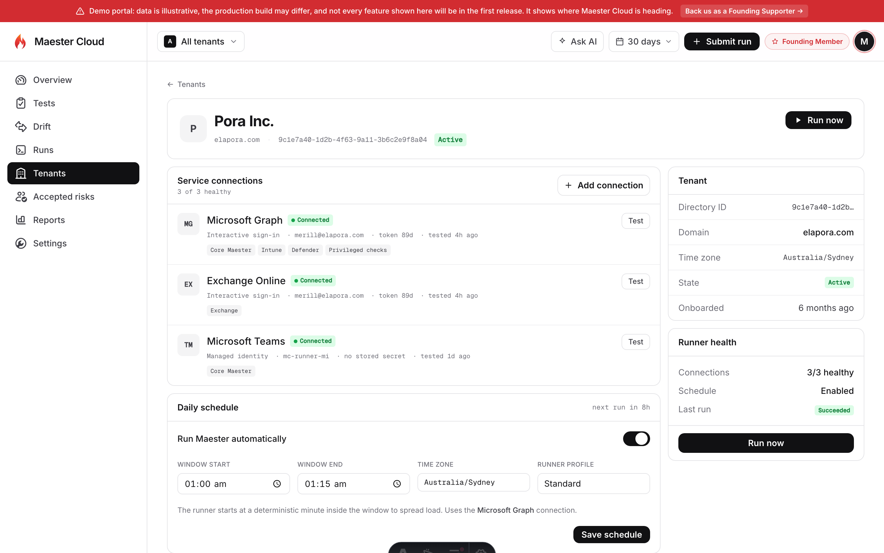 Connect a tenant, schedule, and run, Maester Cloud portal